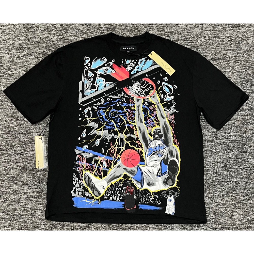 Reason Brand Mens Basketball Graphic T-Shirt‎ Black Slam Dunk Streetwear XL NEW